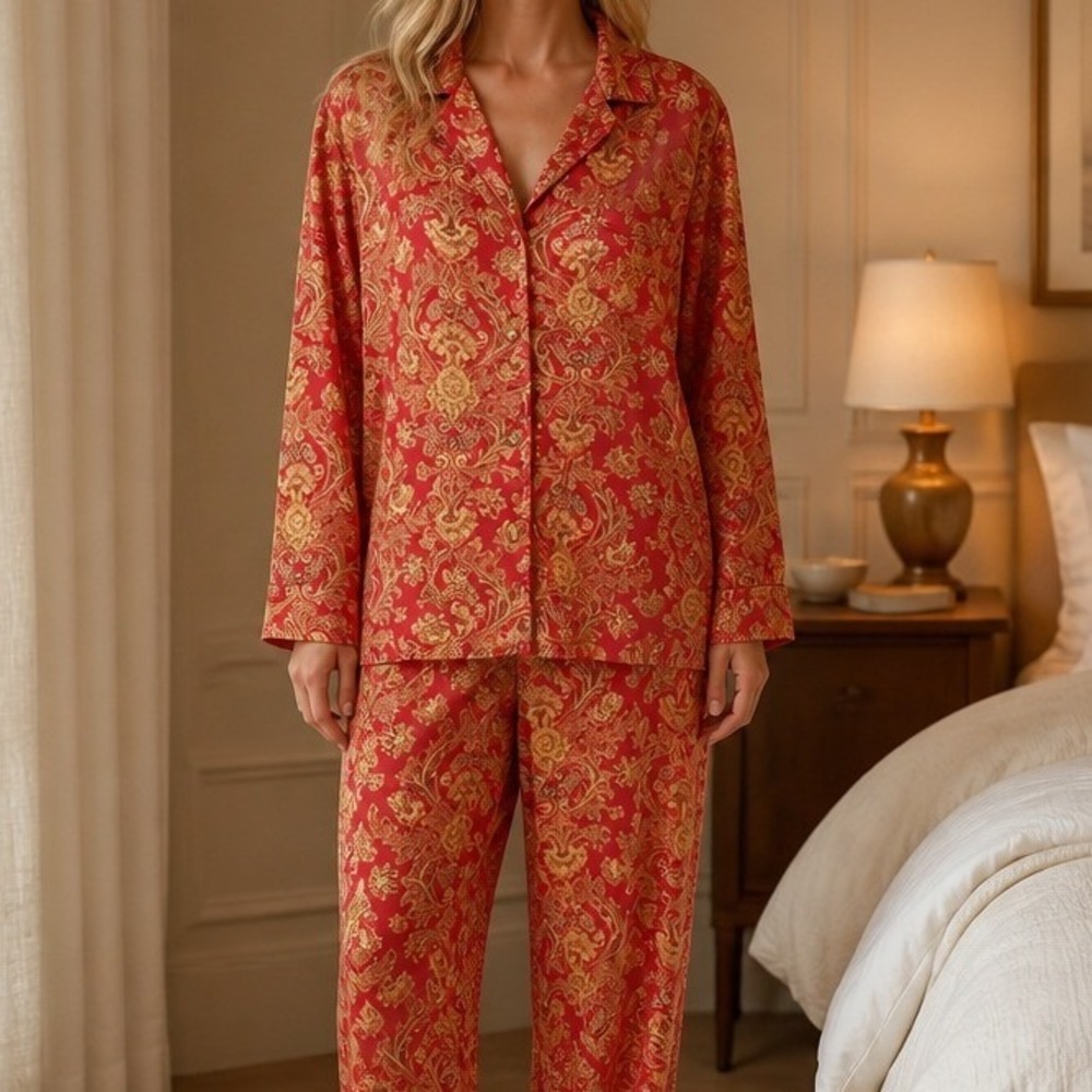 Lauren Ralph Lauren Pajama Set 1X (14W/16W) Red Paisley Cotton 2pc Loungewear